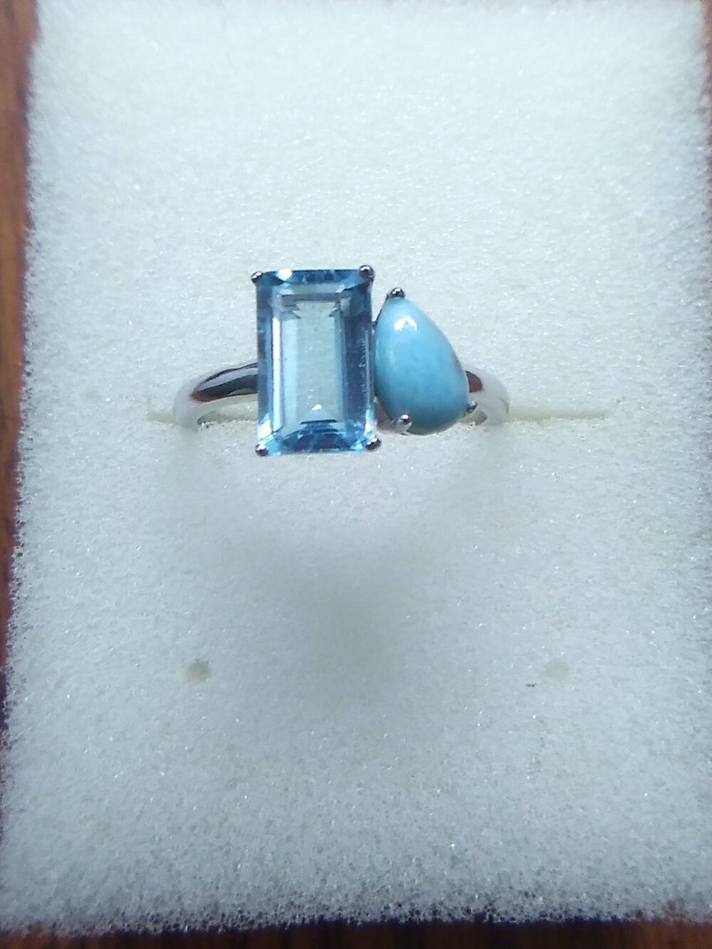 Toi & Moi Blue Topaz and Larimar Silver Ring